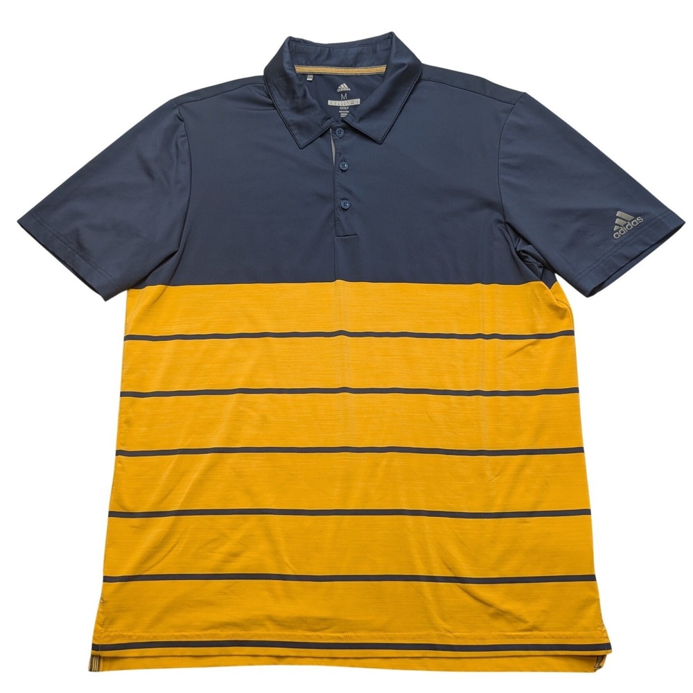 Adidas Golf Polo Shirt Mens Medium Navy Yellow Striped Colorblock Short Sleeve
